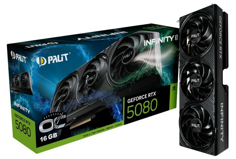 Паліт представила GeForce RTX 5080 Infinity 3 без RGB‑підсвітки як у розгонній версії, так і без неї.